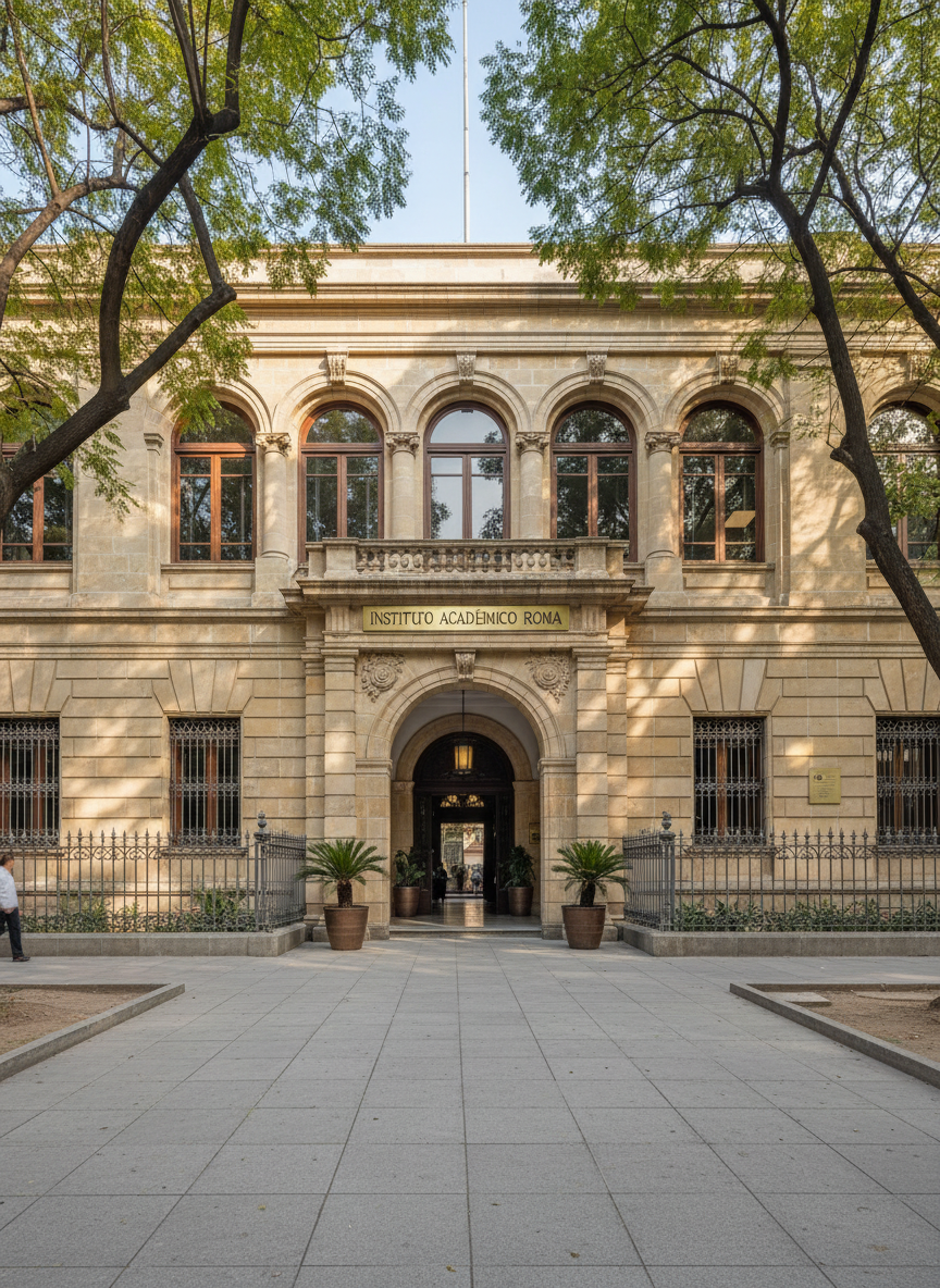 The elegant exterior façade of a historic yet well-maintained school building in the Roma neighborhood, constructed in warm, light-colored stone with classic architectural details, a refined entrance arch, and a prominent metal plaque displaying the school name. The building is framed by leafy trees and discreet wrought-iron fencing, with a clean, paved walkway leading to the main door. Soft, late-morning natural light illuminates the façade, enhancing textures in the stone and casting delicate shadows from the foliage. Captured in photographic realism from a slightly low, wide-angle perspective, the composition emphasizes stability, tradition, and prestige, while maintaining a clean, modern, professional mood that conveys trust and academic excellence.