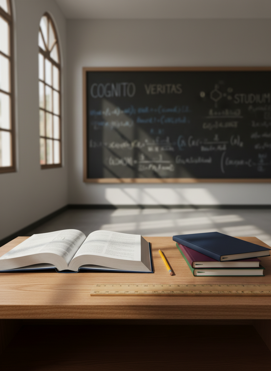 A meticulously organized classroom desk featuring an open hardcover textbook with crisp white pages, a neatly stacked set of colored notebooks in navy, burgundy, and forest green, and a polished wooden ruler aligned beside a sharpened yellow pencil. The desk sits in front of a large, clean chalkboard filled with precise handwritten equations and vocabulary in white and pastel chalk. Gentle afternoon sunlight streams through tall windows, casting soft, diagonal shadows across the smooth oak surface. Photographic realism at eye level with a slight angle, sharp focus on the desk, and a subtle bokeh effect on the chalkboard, creating a professional, calm, and aspirational academic atmosphere suitable for a prestigious school in the Roma neighborhood.