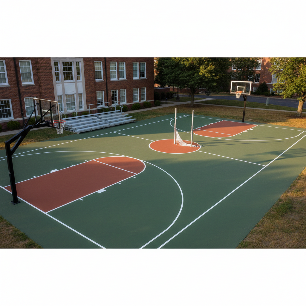 A meticulously marked outdoor sports court within a school campus, featuring a smooth, freshly painted surface in muted green and terracotta tones, with crisp white boundary lines for basketball and volleyball. Sturdy metal hoops with pristine white nets and a neatly coiled net near the volleyball posts underline readiness for use. Low, modern bleachers with clean, gray seating line one side, and a section of the classic school building façade rises in the background. Warm, late-afternoon sunlight casts long, defined shadows across the court, emphasizing texture and geometry. Photographic realism from a slightly elevated, wide-angle view, the composition feels dynamic yet orderly, evoking teamwork, discipline, and healthy physical activity as part of a holistic school education.