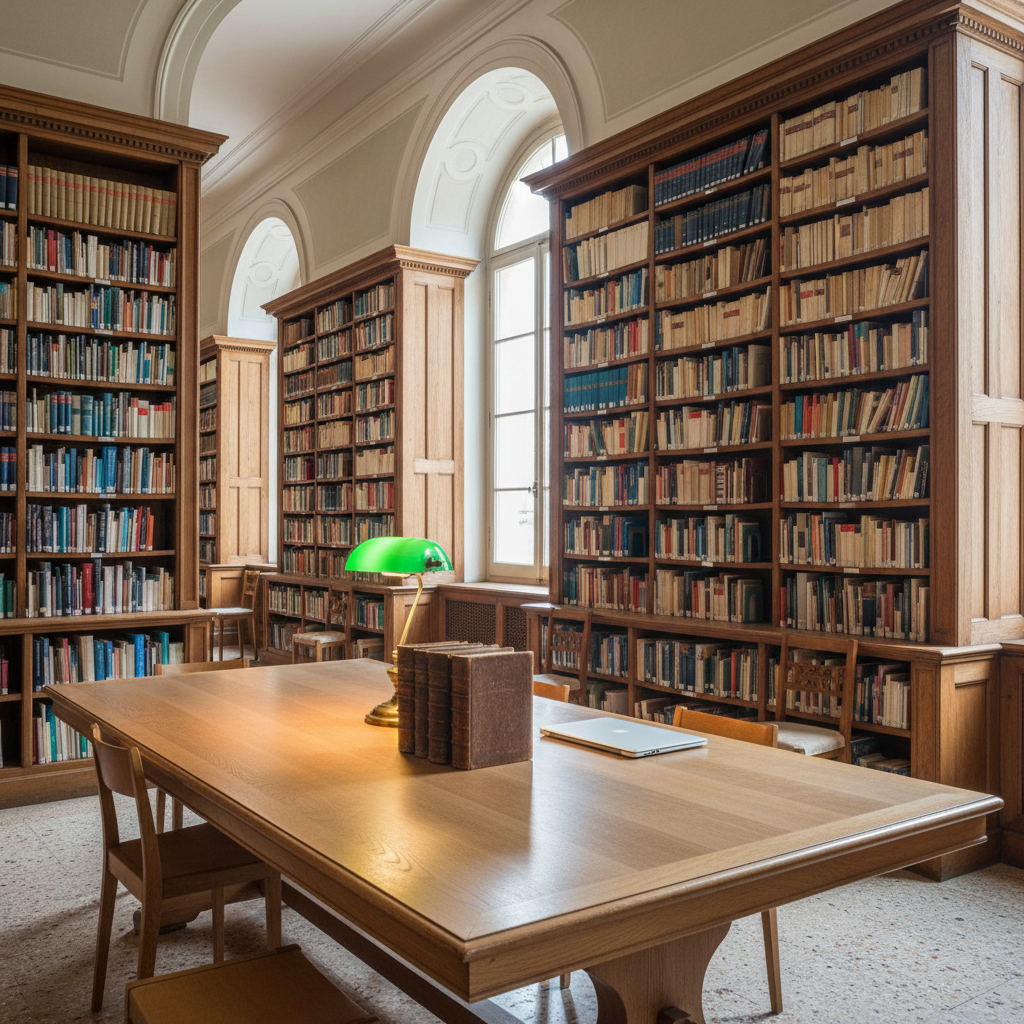 A spacious, orderly school library interior with tall wooden bookshelves filled with neatly arranged textbooks and classic literature in coordinated colors, creating a visually harmonious pattern. In the foreground, a large rectangular study table of light oak holds a row of upright reference books, a closed laptop, and a classic green-shaded library lamp casting a warm pool of light. Natural daylight enters through high windows, blending with the lamp’s glow to produce a balanced, inviting illumination. Captured in photographic realism from an eye-level, slightly diagonal perspective, the image has sharp focus throughout, highlighting the architecture and materials. The mood is studious, quiet, and intellectually rich, communicating a culture of reading, research, and academic discipline appropriate to an established school in Roma.