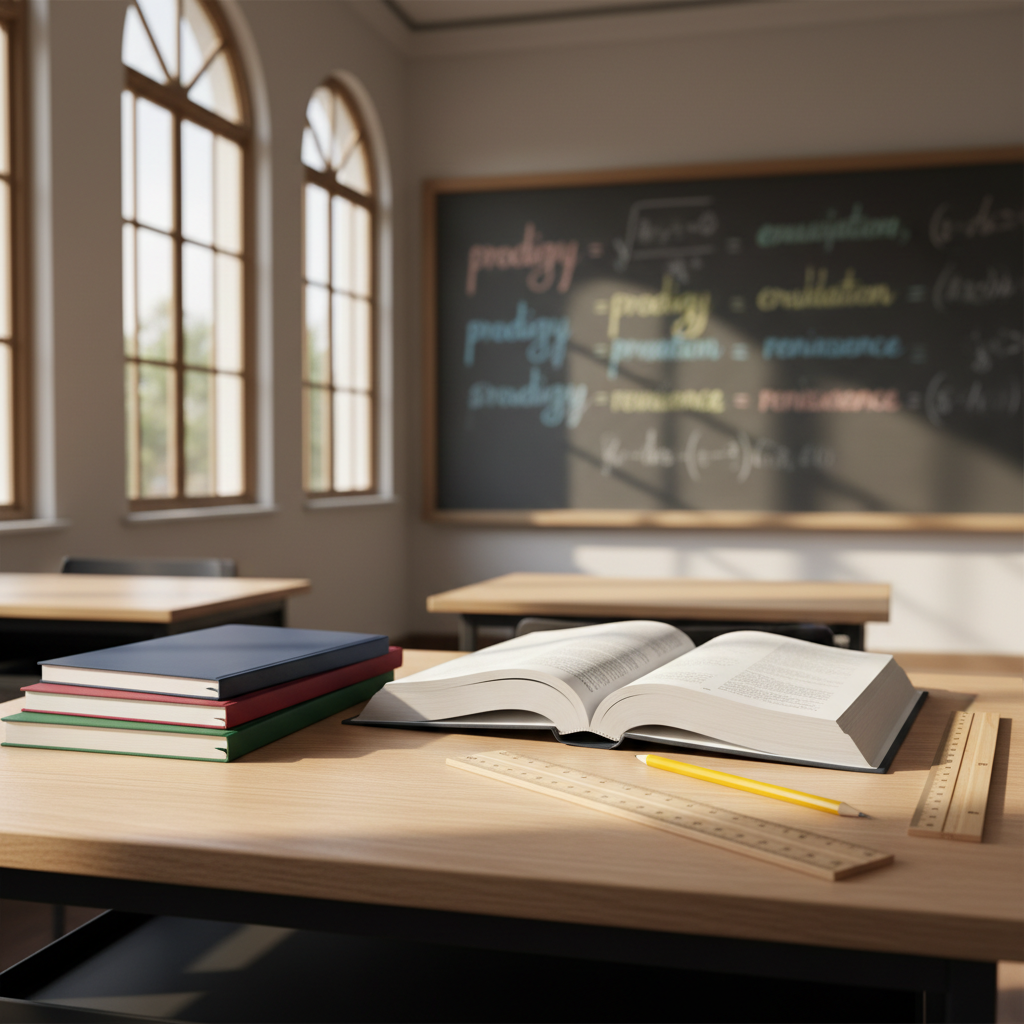 A meticulously organized classroom desk featuring an open hardcover textbook with crisp white pages, a neatly stacked set of colored notebooks in navy, burgundy, and forest green, and a polished wooden ruler aligned beside a sharpened yellow pencil. The desk sits in front of a large, clean chalkboard filled with precise handwritten equations and vocabulary in white and pastel chalk. Gentle afternoon sunlight streams through tall windows, casting soft, diagonal shadows across the smooth oak surface. Photographic realism at eye level with a slight angle, sharp focus on the desk, and a subtle bokeh effect on the chalkboard, creating a professional, calm, and aspirational academic atmosphere suitable for a prestigious school in the Roma neighborhood.