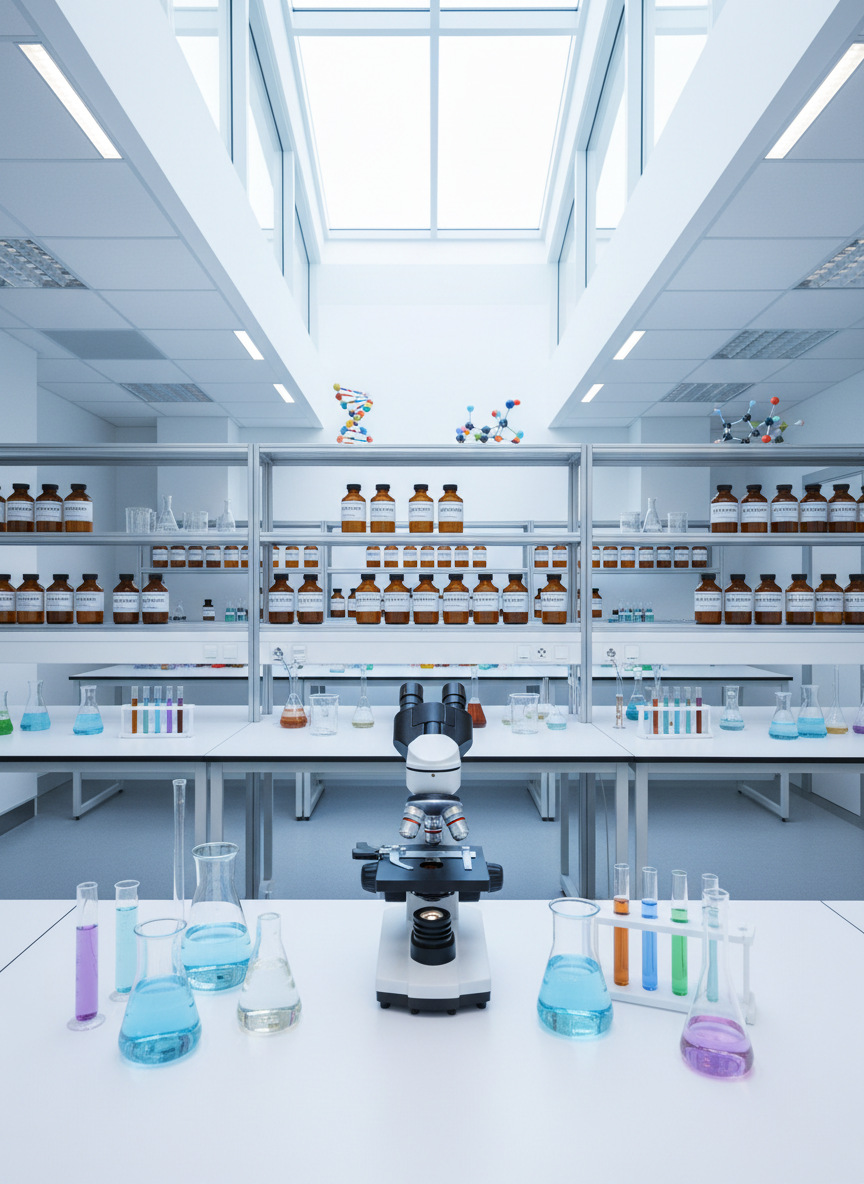 A bright, well-equipped science laboratory featuring immaculate white countertops, neatly arranged glass beakers and test tubes containing subtle colored liquids, and a high-quality microscope with metallic accents positioned as the central focus. Behind it, shelves display carefully labeled chemical bottles and educational models of molecules, all perfectly aligned. Natural overhead daylight from skylights combines with soft, cool-toned artificial lighting, creating even illumination with minimal shadows. Shot in photographic realism from an eye-level perspective with a wide composition, the image highlights the clarity and orderliness of the space. The mood is professional, rigorous, and inspiring, reflecting a commitment to serious academic formation and scientific curiosity within a modern educational environment.