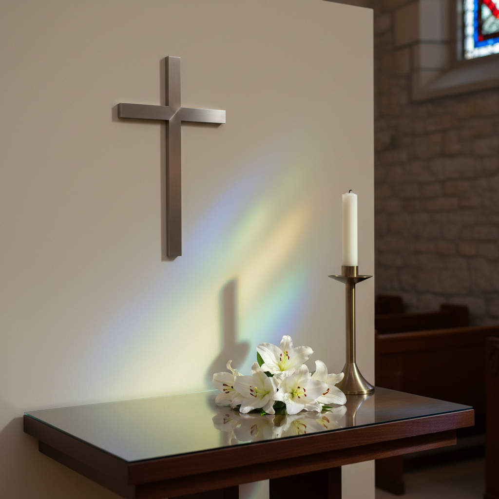A serene school chapel corner dedicated to values and reflection, with a polished dark-wood altar table, a simple metal cross mounted on a smooth cream-colored wall, and a single tall white candle in an elegant holder. A small arrangement of fresh white lilies rests on the altar, their petals subtly textured and luminous. Gentle, diffused light filters through an unseen stained-glass window, casting soft, colored reflections along the wall and tabletop. Photographic realism from a slightly elevated angle, with centered composition and a shallow depth of field that keeps the cross and lilies sharply detailed. The atmosphere is calm, respectful, and contemplative, emphasizing the school’s focus on integral formation and values in a dignified, professional manner.