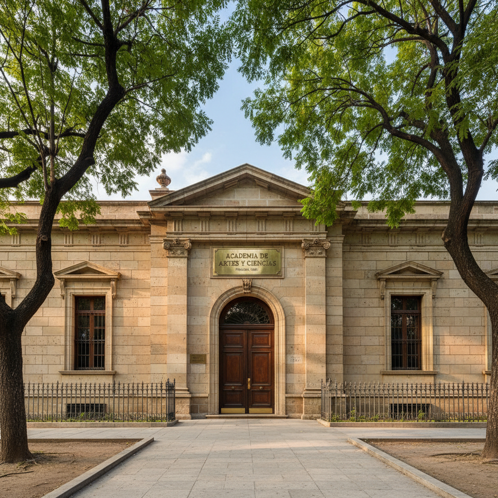 The elegant exterior façade of a historic yet well-maintained school building in the Roma neighborhood, constructed in warm, light-colored stone with classic architectural details, a refined entrance arch, and a prominent metal plaque displaying the school name. The building is framed by leafy trees and discreet wrought-iron fencing, with a clean, paved walkway leading to the main door. Soft, late-morning natural light illuminates the façade, enhancing textures in the stone and casting delicate shadows from the foliage. Captured in photographic realism from a slightly low, wide-angle perspective, the composition emphasizes stability, tradition, and prestige, while maintaining a clean, modern, professional mood that conveys trust and academic excellence.